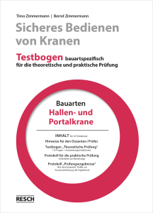 Cover des Testbogens 'Krane: Bauarten Hallen- und Portalkrane' zeigt umfassende Prüfungsunterlagen für die theoretische und praktische Ausbildung von Kranführern gemäß DGUV G 309-003.